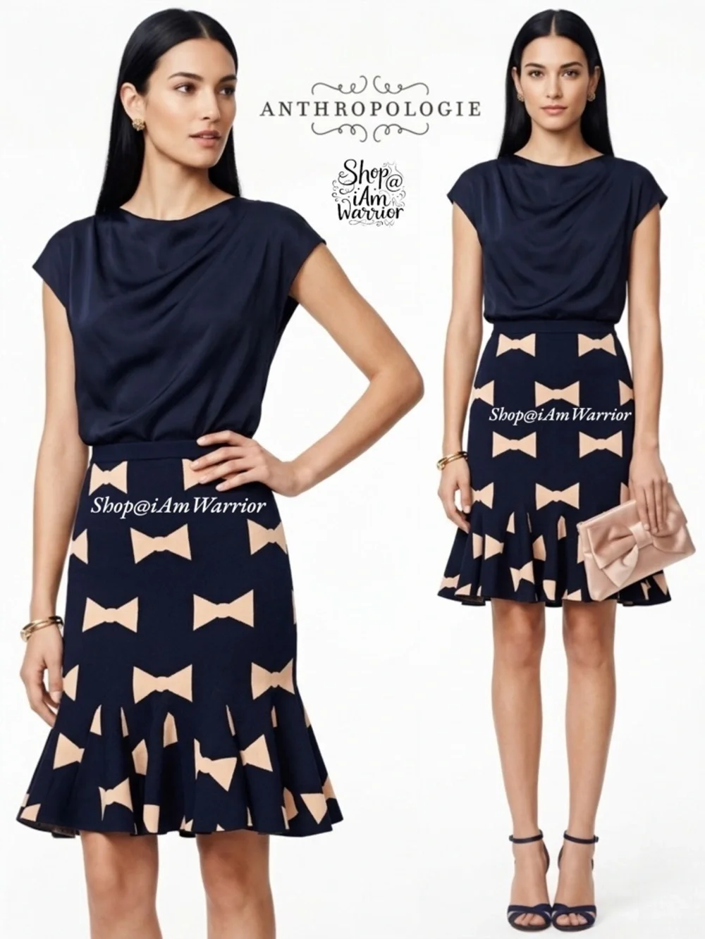 Anthropologie {Eva Franco} navy & blush pink bow tie print flounce skirt